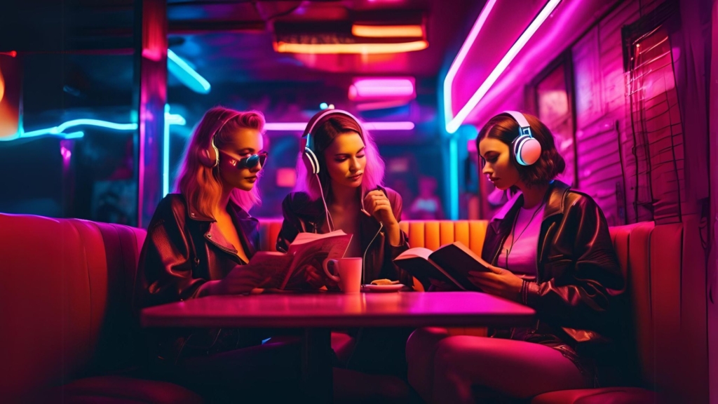 A couple of friends lounging in a cyberpunk café with neon lights, while listening to music on overhead headphones